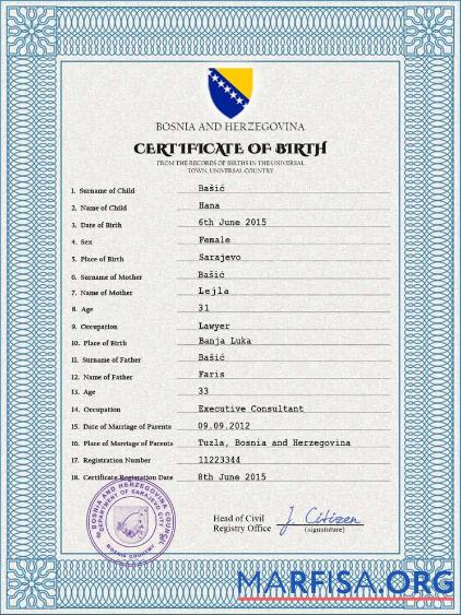 Realistic Bosnia and Herzegovina birth certificate PSD template
